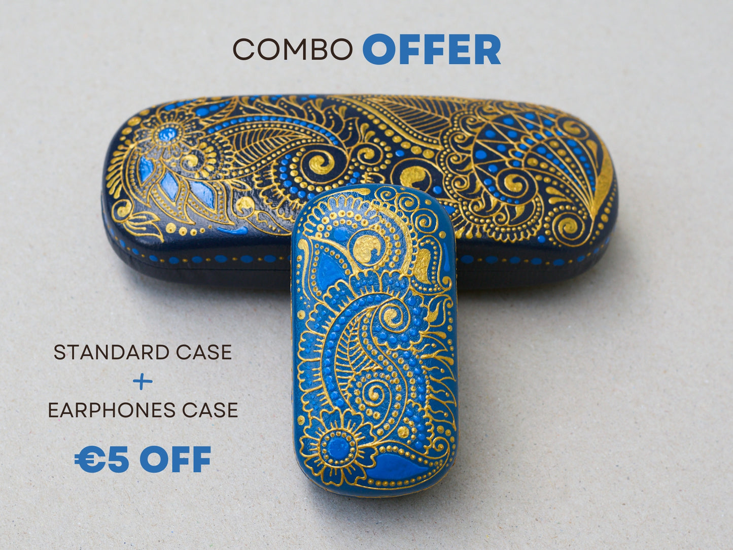 Set with eyeglass case and matching earphones case, blue paisley design accessories, discount bundle offer