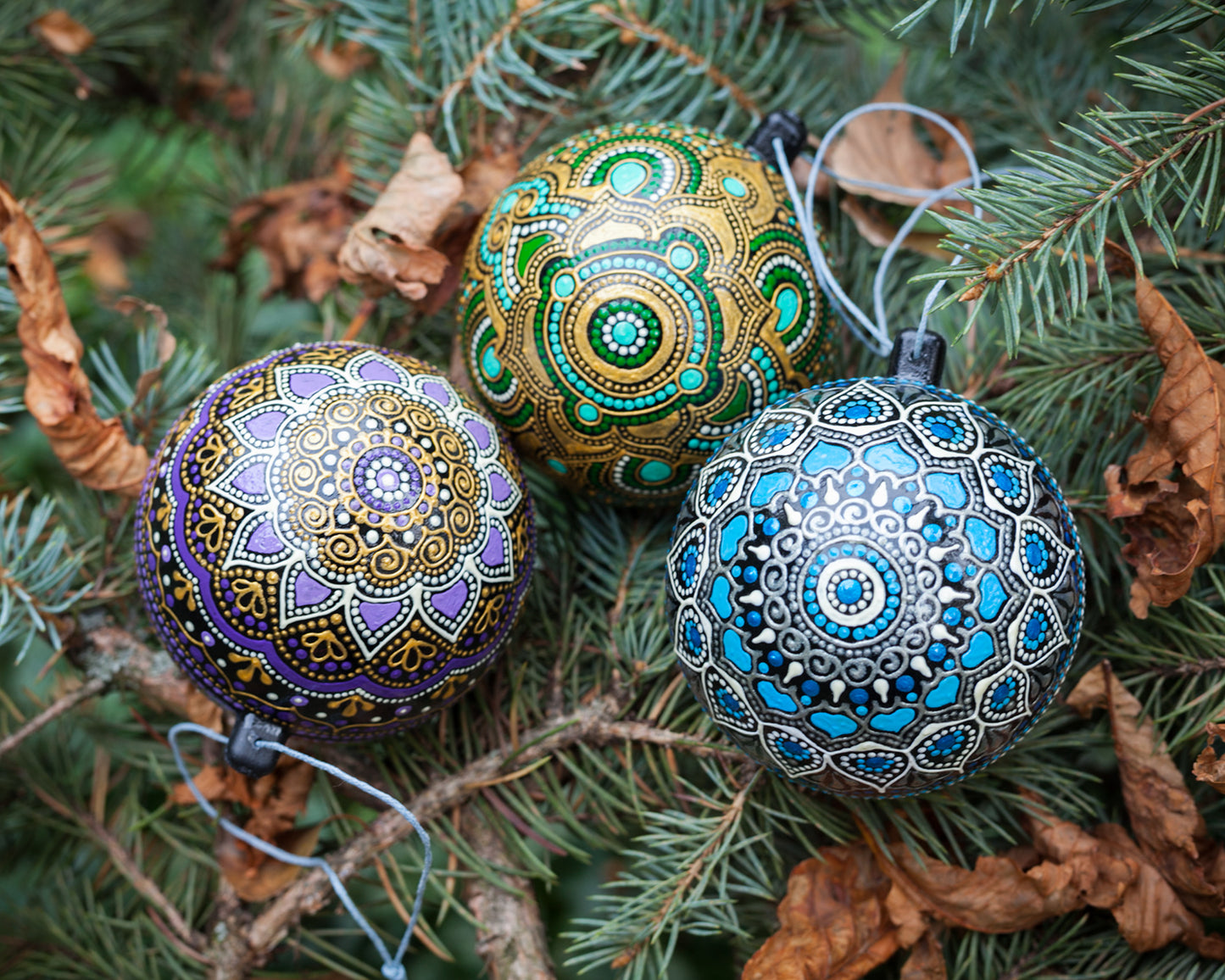 Blue purple green Christmas baubles