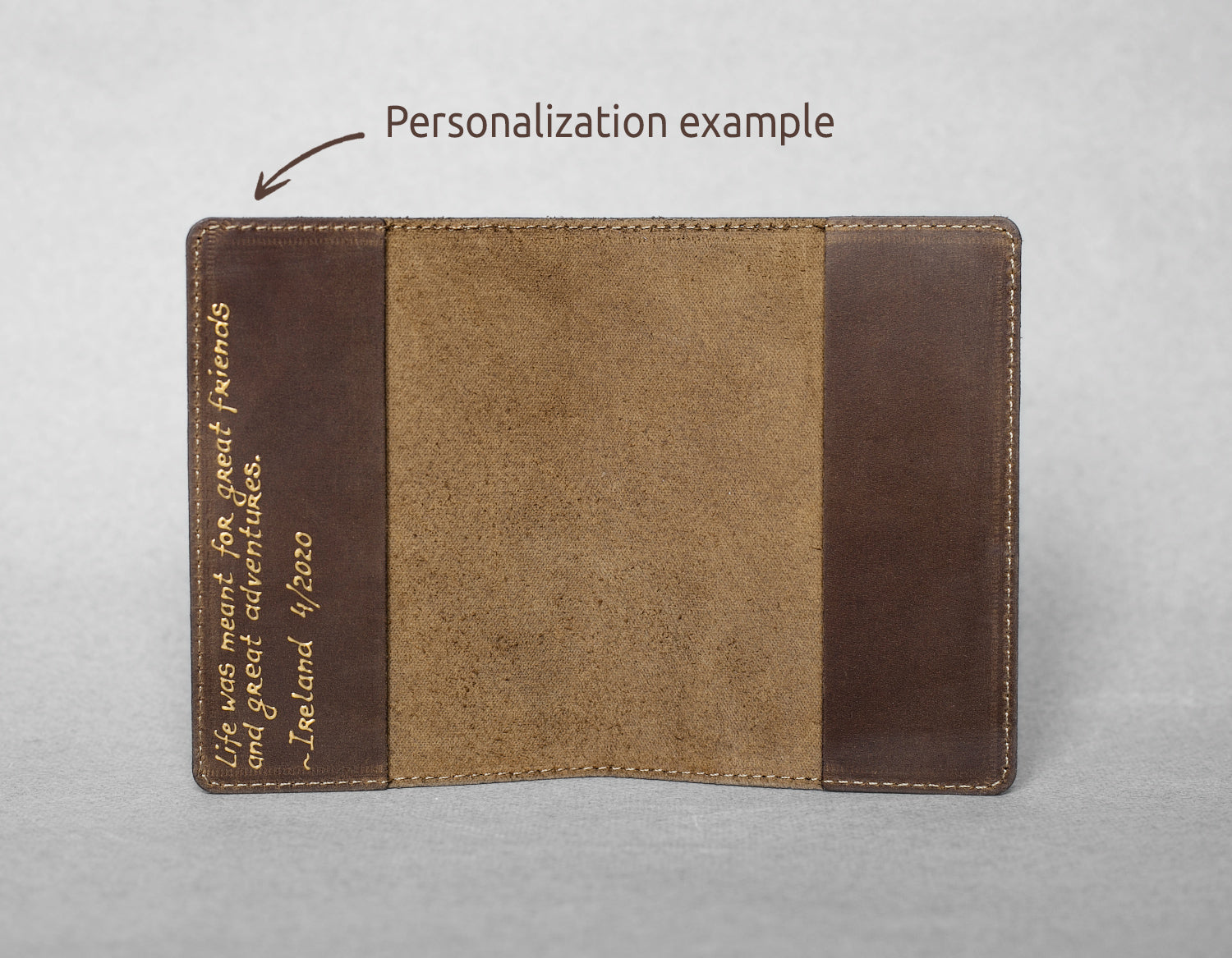 Leather passport cover interior, personalization example