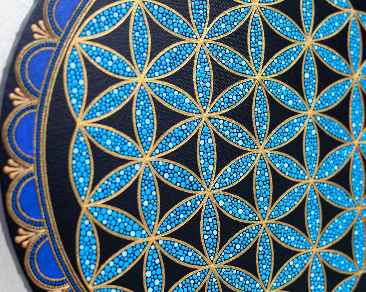 Flower of Life painting in pointillism technique, close-up view to show details