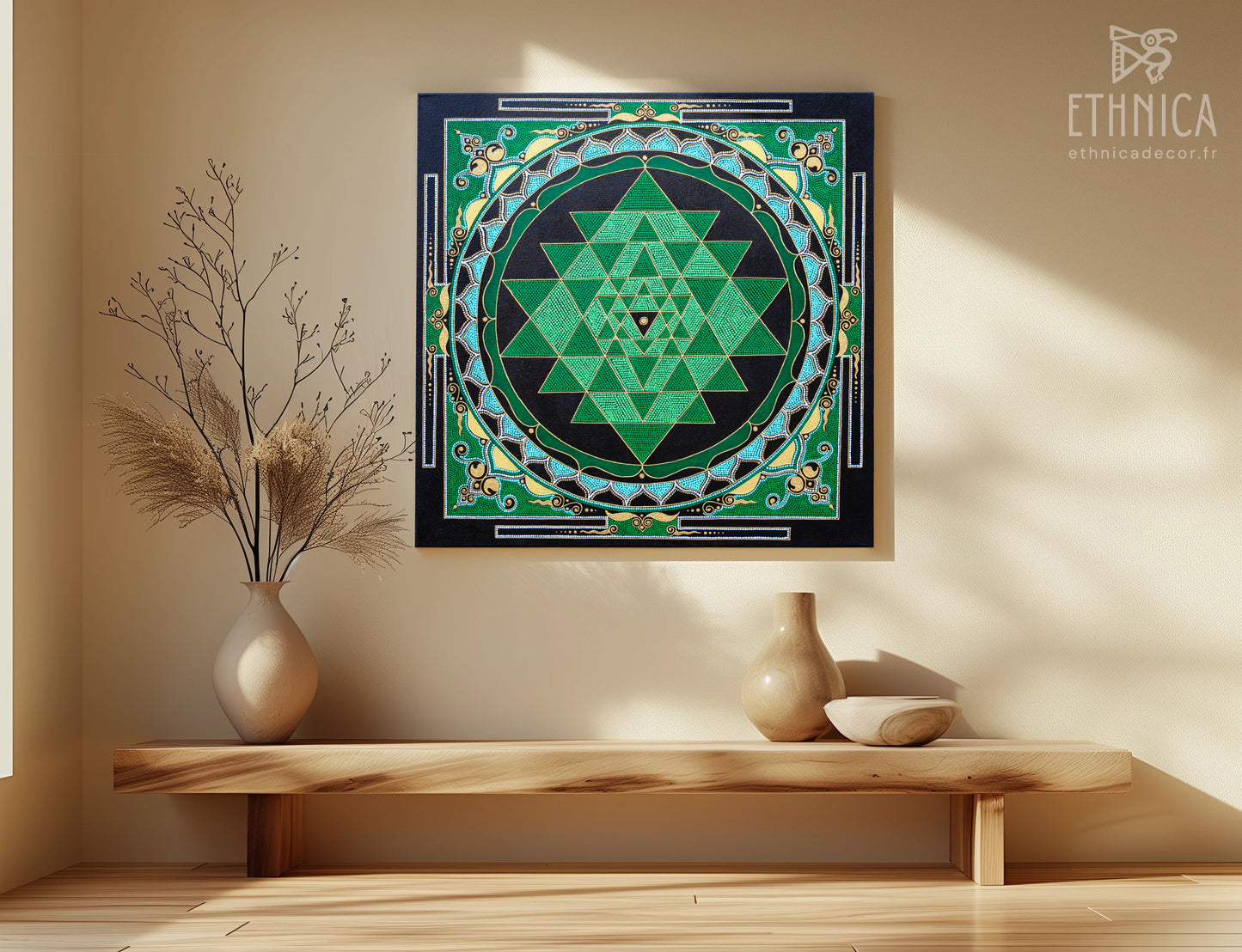 Sri Yantra painting, hanging on a wall above in a modern wooden stand with vases in a living room. Green and gold colors. 60x60 cm (24×24 inches) size.