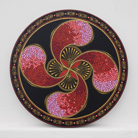 Round Lauburu Basque cross painting in pointillism, red acrylic on 40cm canvas.