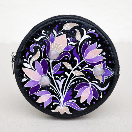 Pochette ronde fleuri avec quartz rose