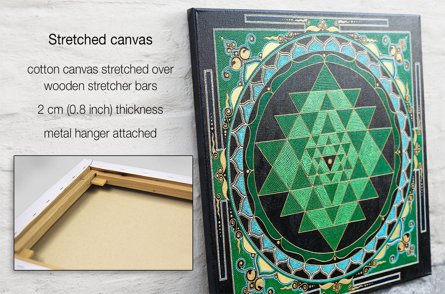 Sri Yantra painting on a stretched canvas. Green and gold colors, high-detailed art. View from the side to show corners and thickness of the canvas. Size 40x40 cm (16×16 inches), 50x50 cm (20×20 inches) or 60x60 cm (24×24 inches).