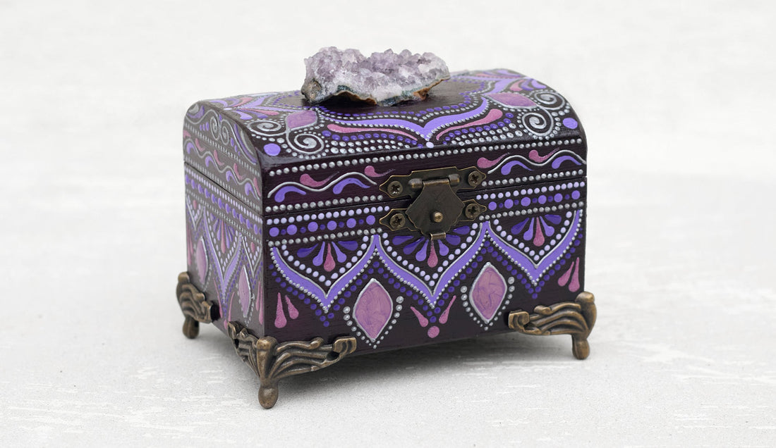 A Wooden Jewelry Box with a Natural Amethyst Geode