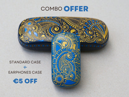 Set with eyeglass case and matching earphones case, blue paisley design accessories, discount bundle offer