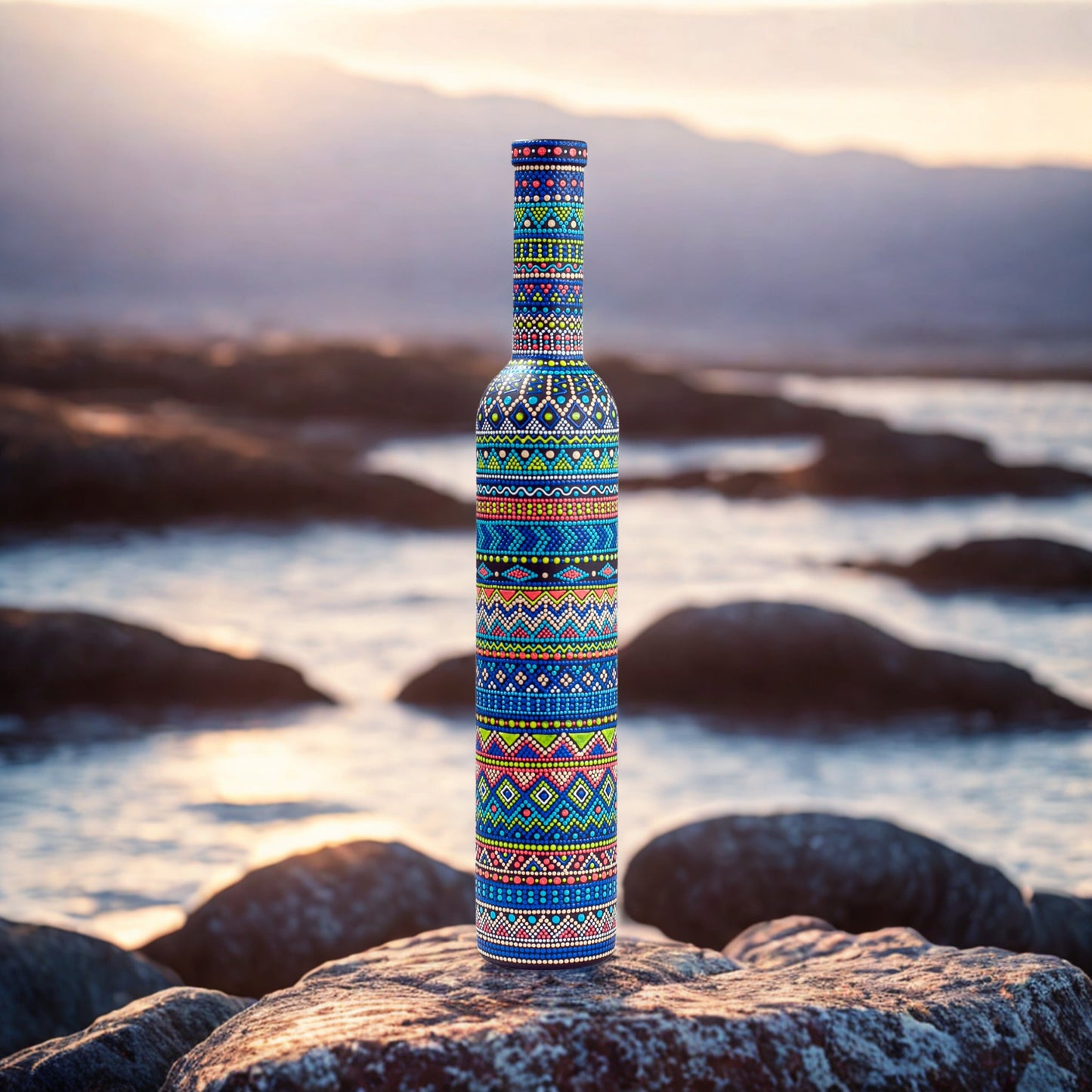 Decorative bottle with geometric patterns on a rock by the water at sunset