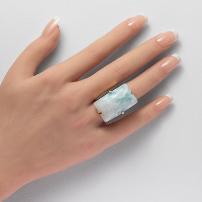 Bague ouverte en larimar rectangulaire
