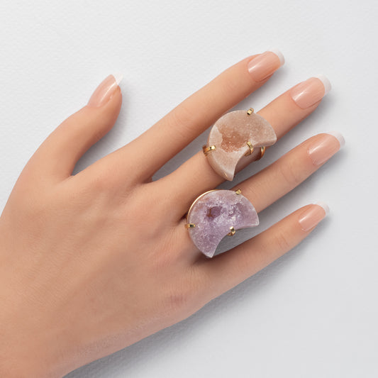 Druzy pink amethyst moon ring