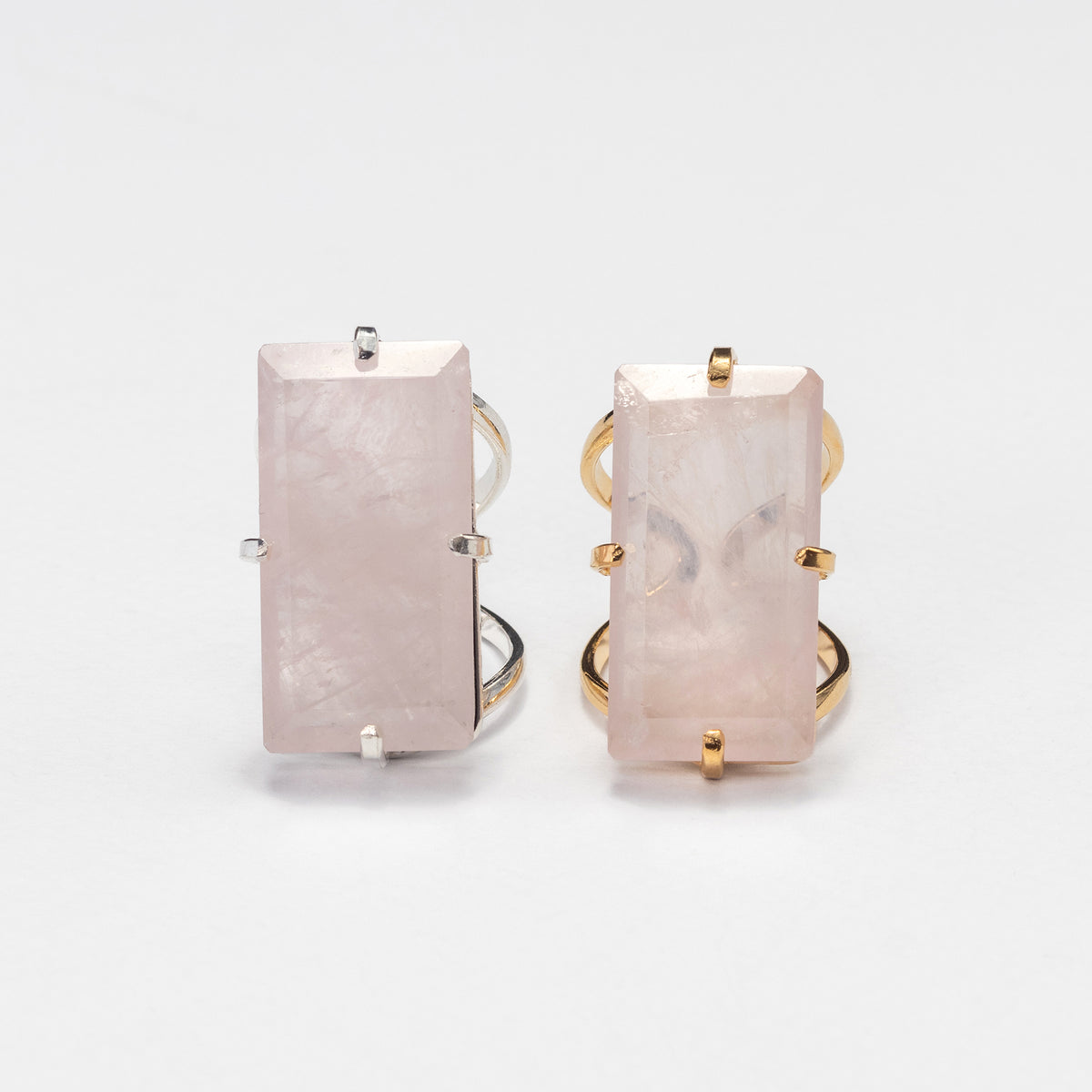 Bague en quartz rose taille baguette