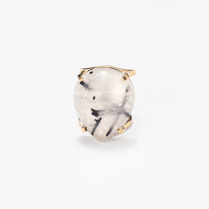 Tourmalinated quartz teardrop cabochon ring