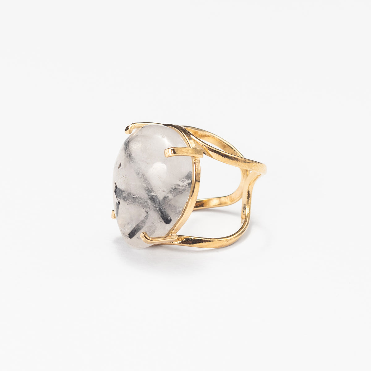 Tourmalinated quartz teardrop cabochon ring