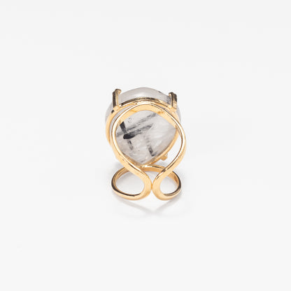 Tourmalinated quartz teardrop cabochon ring
