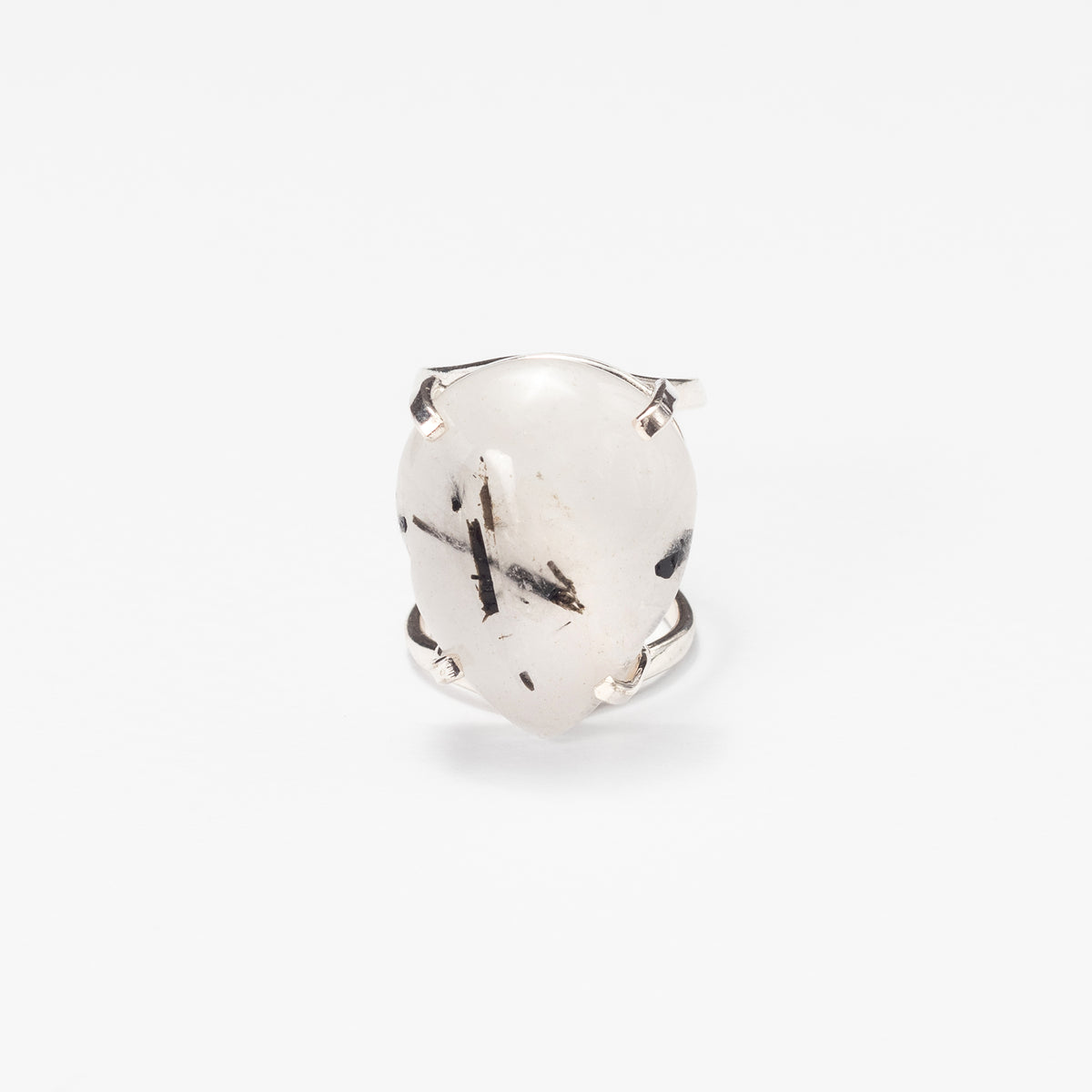 Tourmalinated quartz teardrop cabochon ring