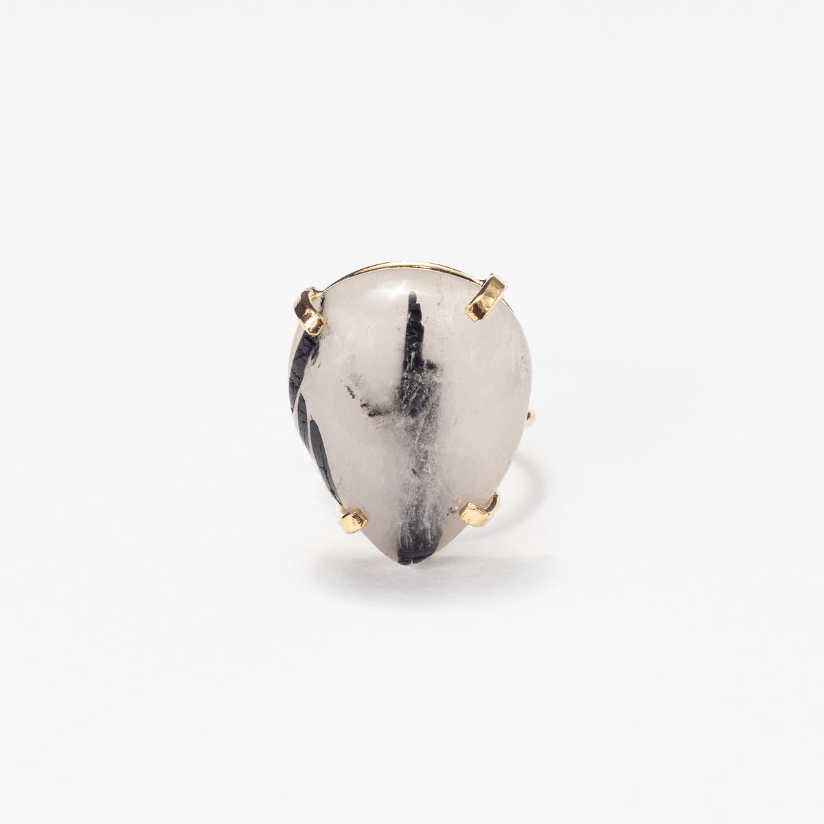Tourmalinated quartz teardrop cabochon ring