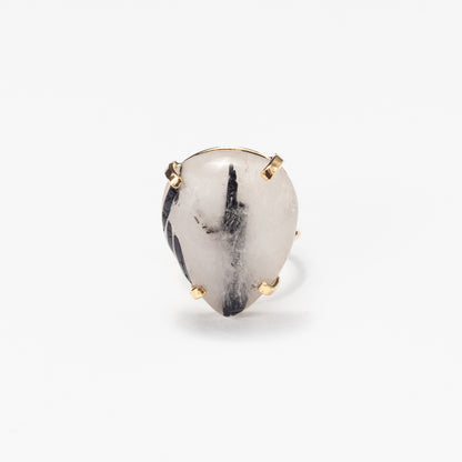 Tourmalinated quartz teardrop cabochon ring