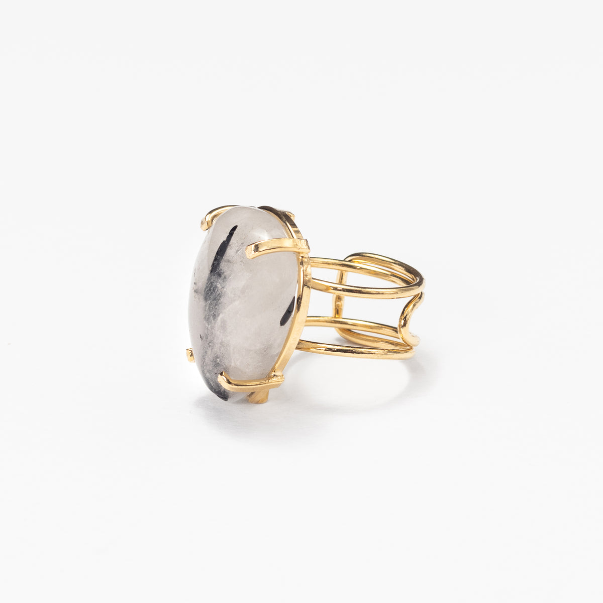 Tourmalinated quartz teardrop cabochon ring
