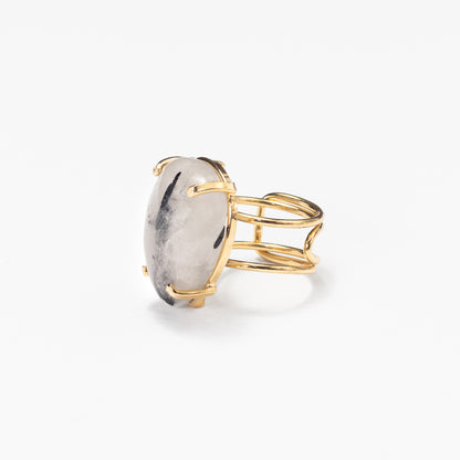 Tourmalinated quartz teardrop cabochon ring
