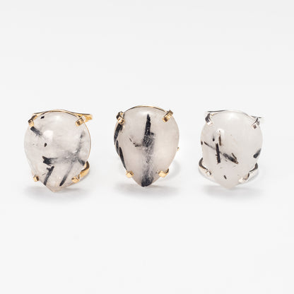 Tourmalinated quartz teardrop cabochon ring