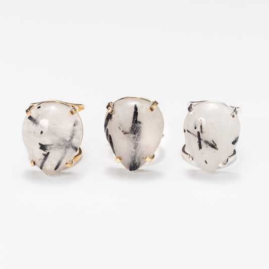 Tourmalinated quartz teardrop cabochon ring