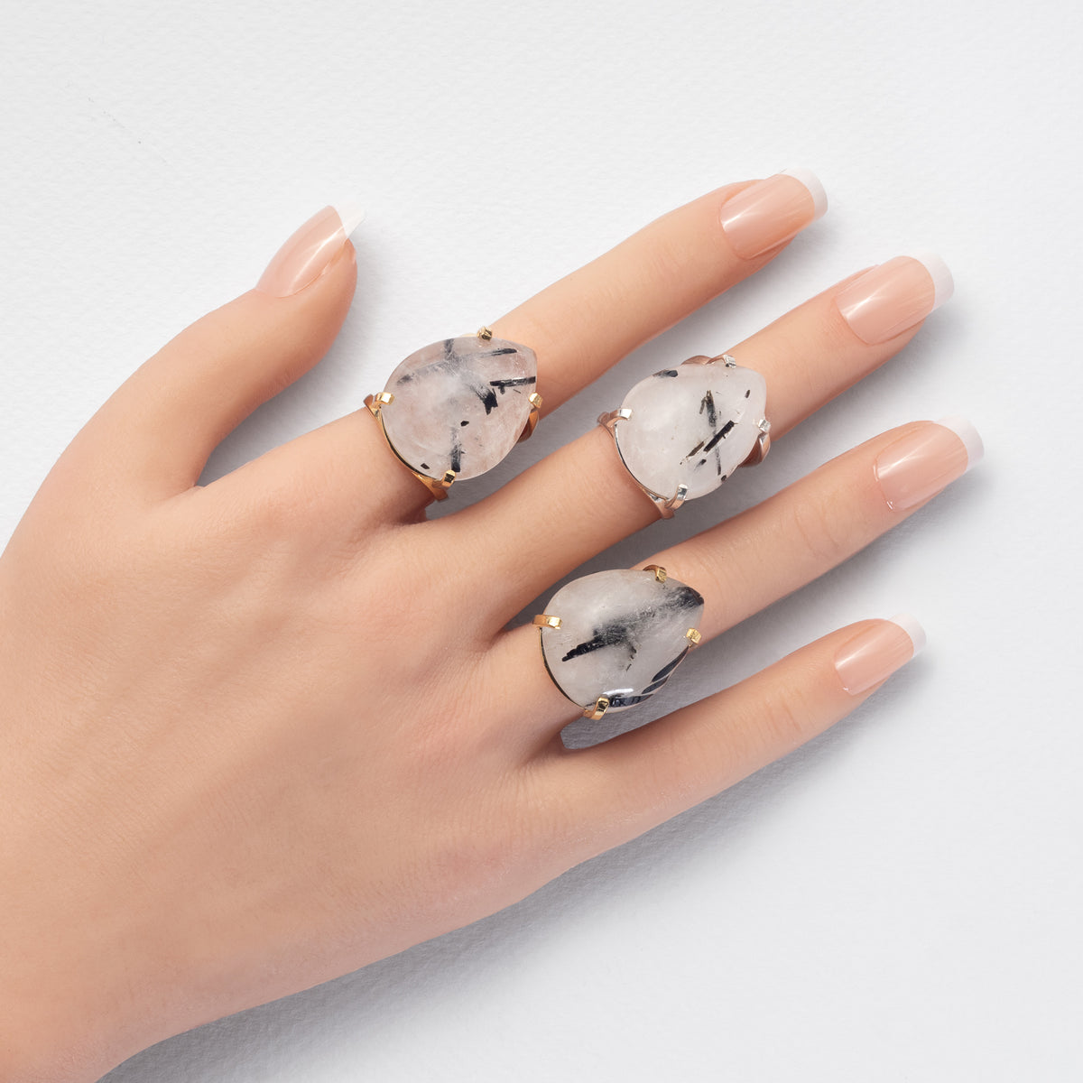 Tourmalinated quartz teardrop cabochon ring