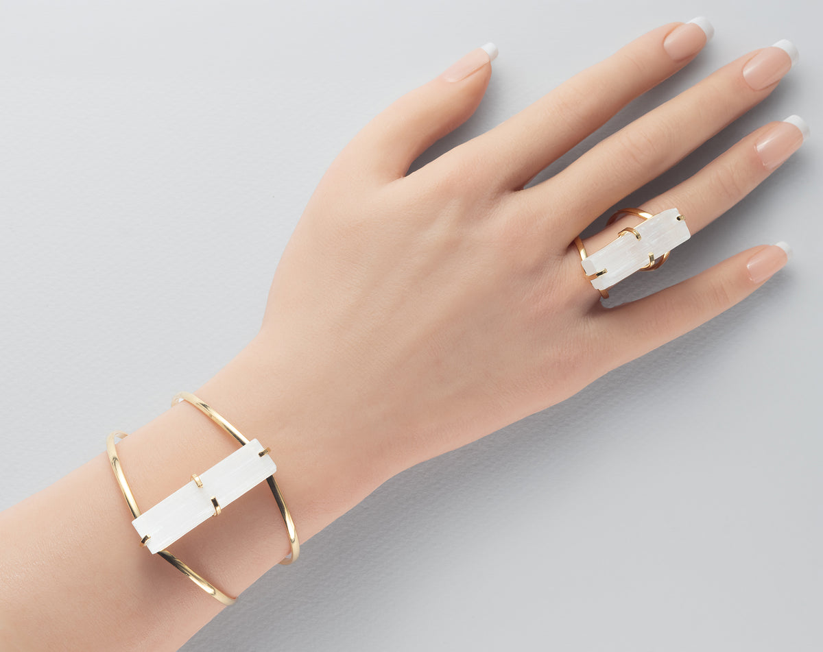 Raw selenite bar cuff bracelet