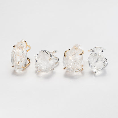 Large raw clear crystal quartz ring