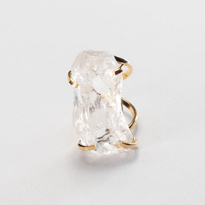 Large raw clear crystal quartz ring