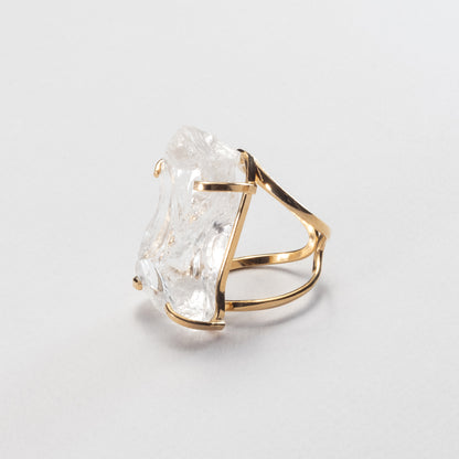 Large raw clear crystal quartz ring