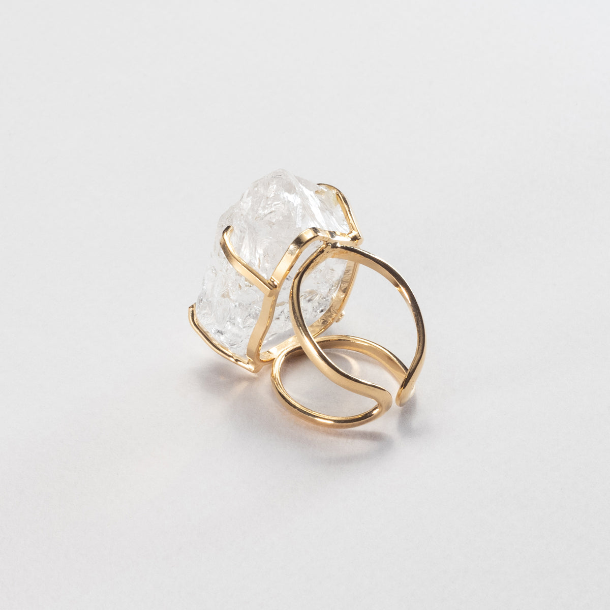 Large raw clear crystal quartz ring