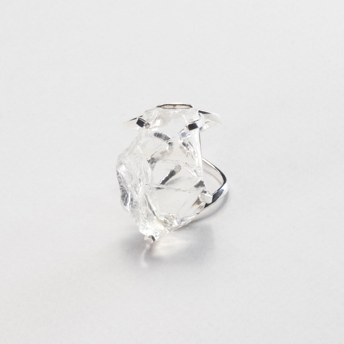 Large raw clear crystal quartz ring