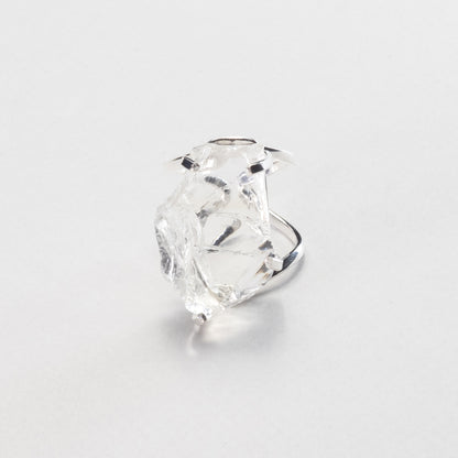 Large raw clear crystal quartz ring