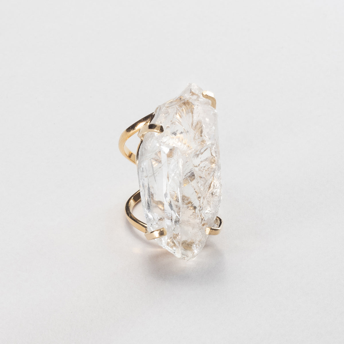 Large raw clear crystal quartz ring