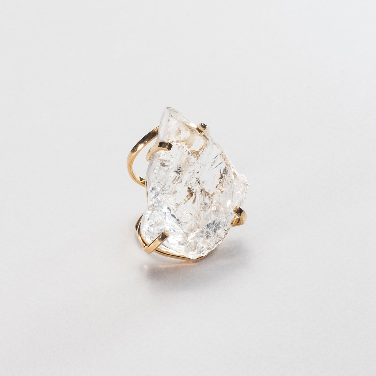 Large raw clear crystal quartz ring