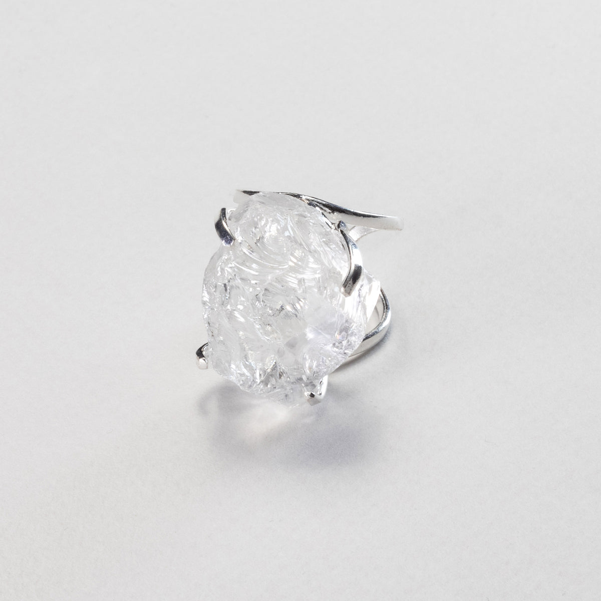 Large raw clear crystal quartz ring