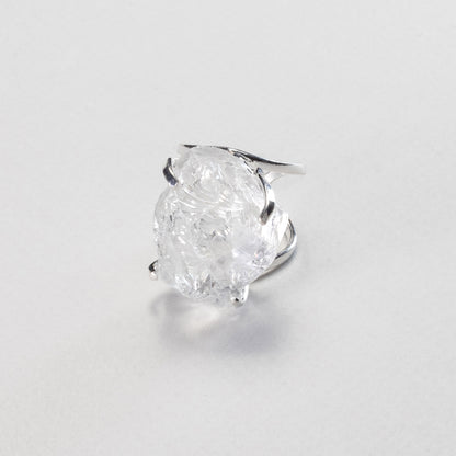 Large raw clear crystal quartz ring