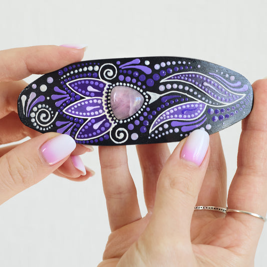 Woman's hands holding wooden hand-painted hair barrette painted in purple, unique gift for her