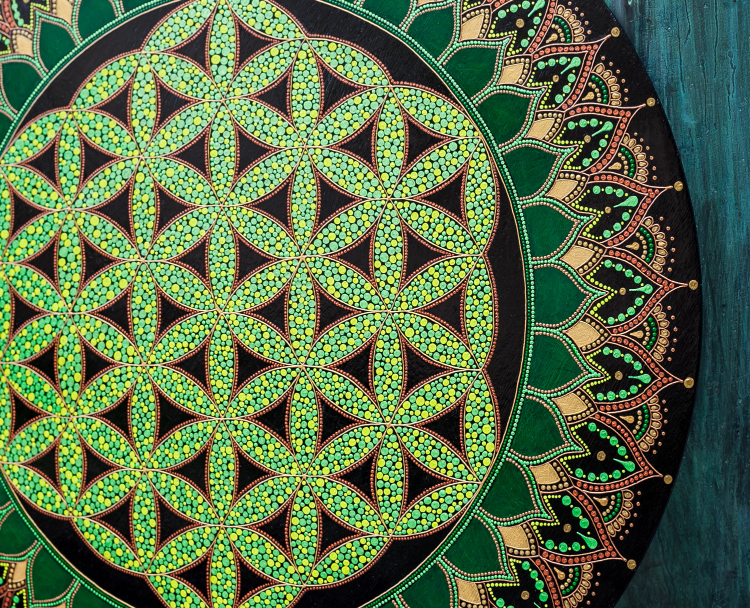 Flower of Life painting in pointillism technique, close-up view to show details
