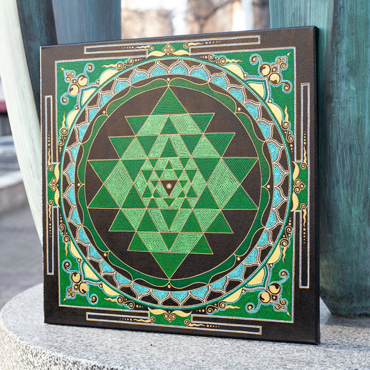 Sri Yantra painting on canvas, sacred geometry spiritual art for wall in bedroom, living room, meditation room. Green and gold colors, high-detailed art, front view. Size 40x40 cm (16×16 inches), 50x50 cm (20×20 inches) or 60x60 cm (24×24 inches).