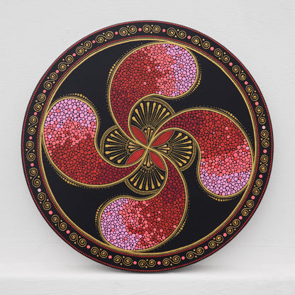 Round Lauburu Basque cross painting in pointillism, red acrylic on 40cm canvas.