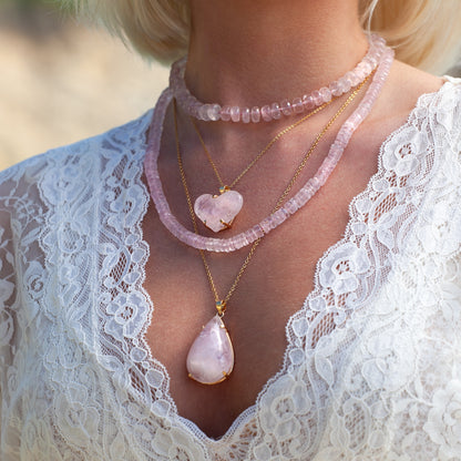 Rose quartz puffy heart pendant