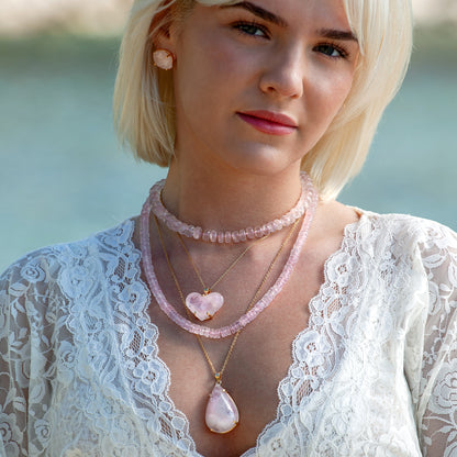 Rose quartz puffy heart pendant