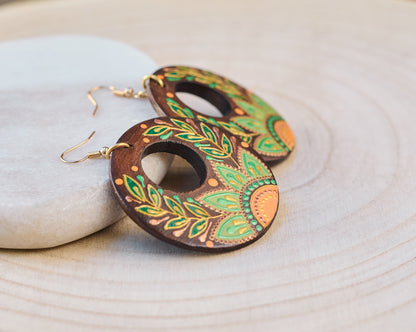 Wooden Earrings 'Orange Flower'