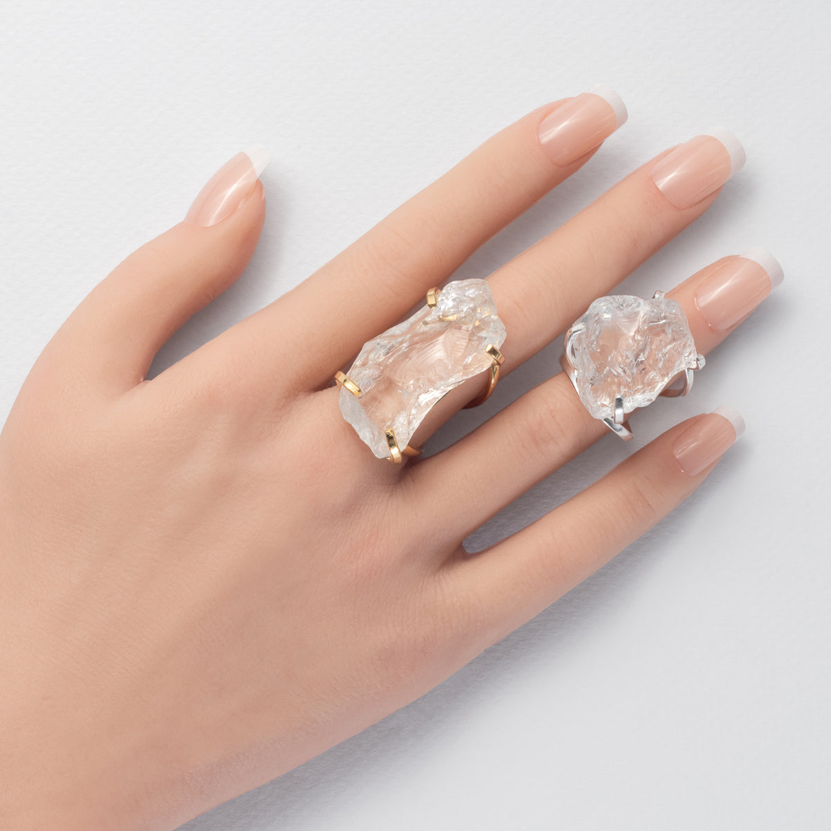 Large raw clear crystal quartz ring