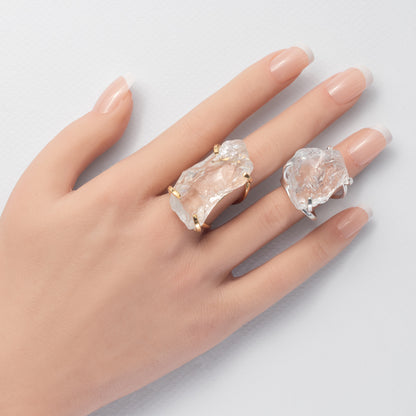 Large raw clear crystal quartz ring