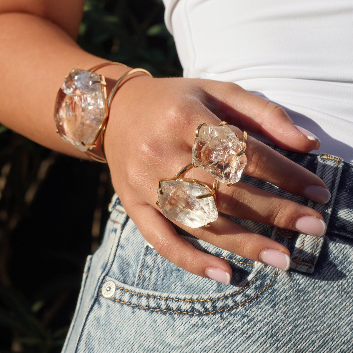 Large raw clear crystal quartz ring