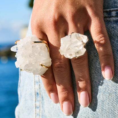 Bague oversize en cristal de roche en grappe
