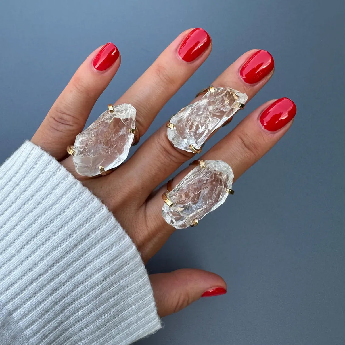 Large raw clear crystal quartz ring