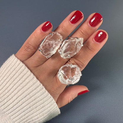 Large raw clear crystal quartz ring