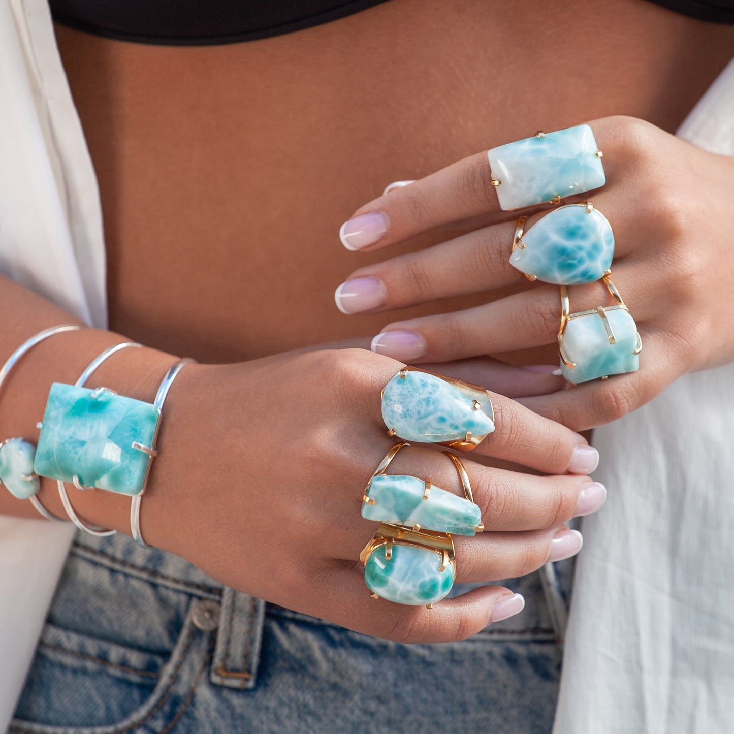 Bague ouverte en larimar rectangulaire